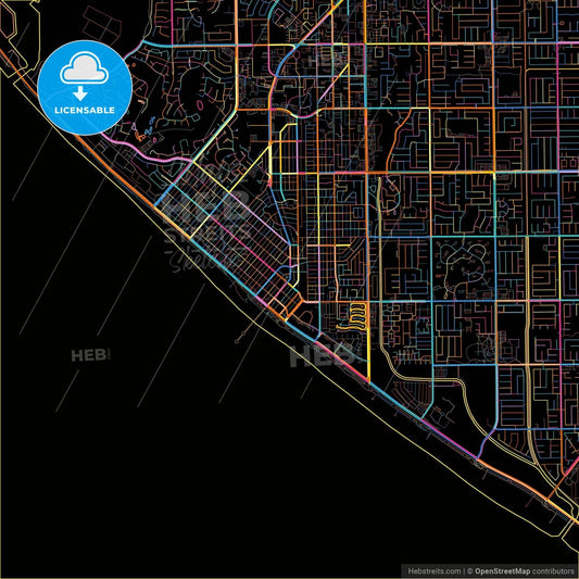 Huntington Beach, California, United States, colorful city map on black background