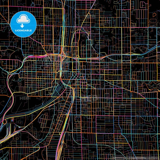 Grand Rapids, Michigan, United States, colorful city map on black background