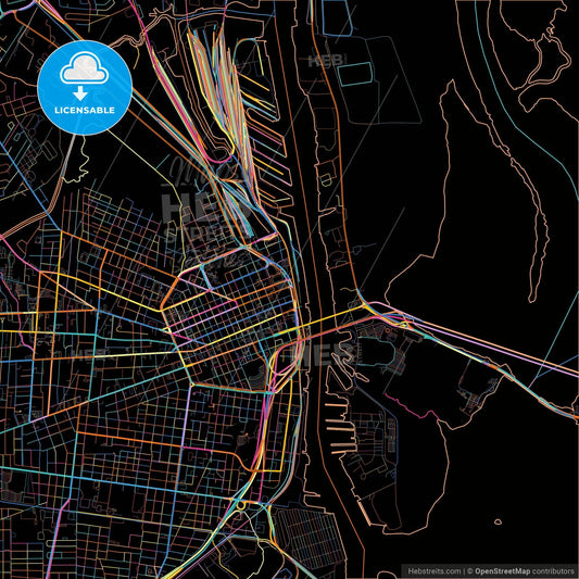 Mobile, Alabama, United States, colorful city map on black background