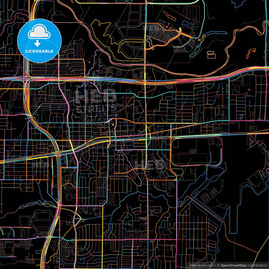 Grand Prairie, Texas, United States, colorful city map on black background