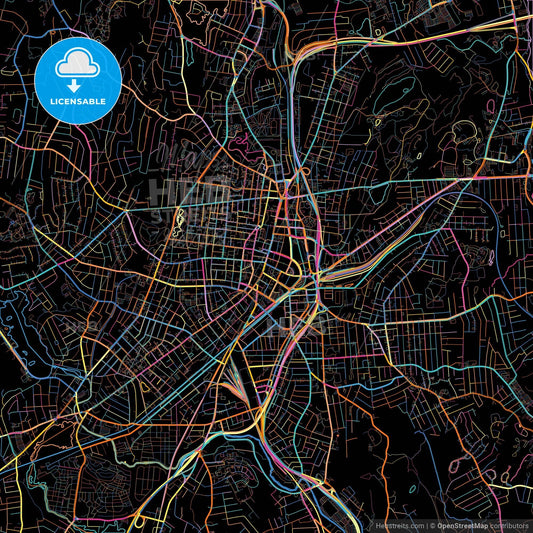 Worcester, Massachusetts, United States, colorful city map on black background