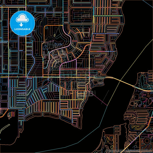 Cape Coral, Florida, United States, colorful city map on black background