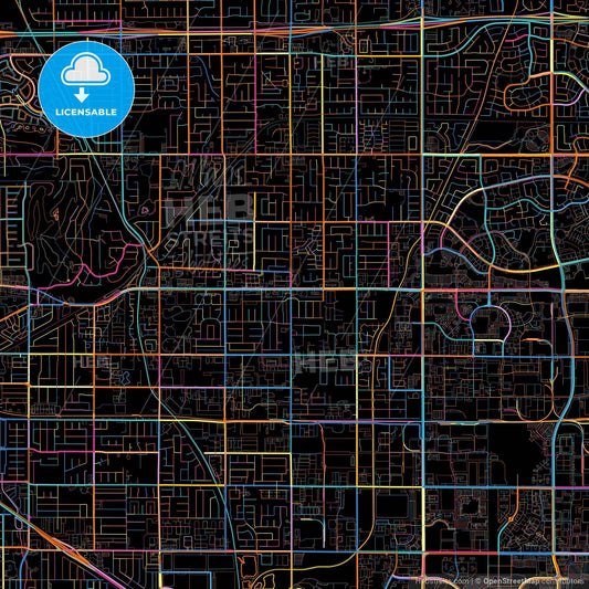 Rancho Cucamonga, California, United States, colorful city map on black background