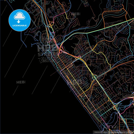 Oceanside, California, United States, colorful city map on black background