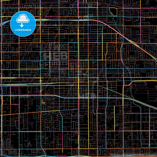Ontario, California, United States, colorful city map on black background