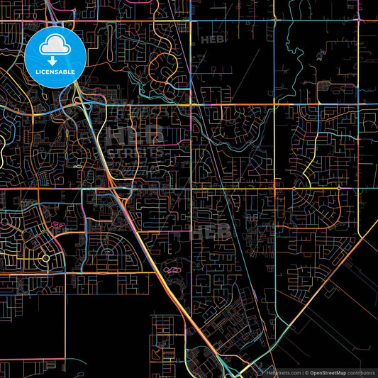 Elk Grove, California, United States, colorful city map on black background