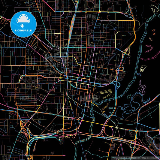 Jackson, Mississippi, United States, colorful city map on black background