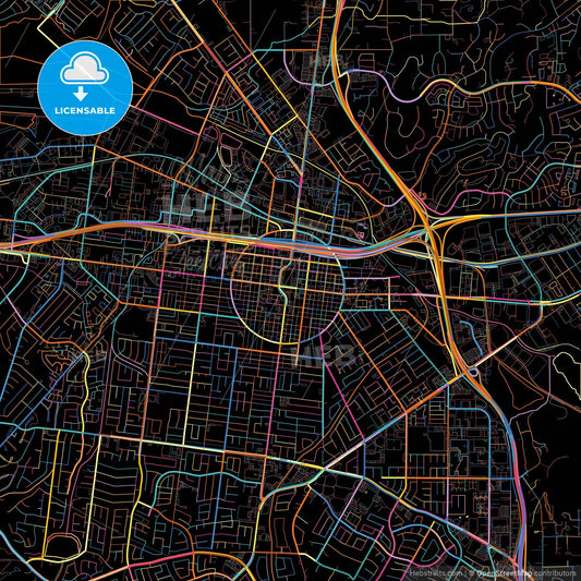 Corona, California, United States, colorful city map on black background