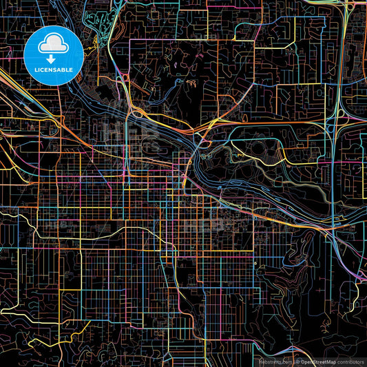 Eugene, Oregon, United States, colorful city map on black background