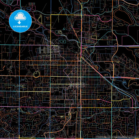 Fort Collins, Colorado, United States, colorful city map on black background