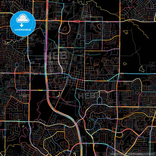Frisco, Texas, United States, colorful city map on black background