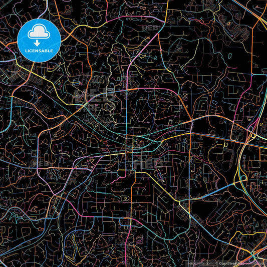 Cary, North Carolina, United States, colorful city map on black background