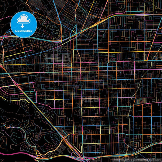 Pomona, California, United States, colorful city map on black background