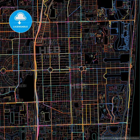 Hollywood, Florida, United States, colorful city map on black background