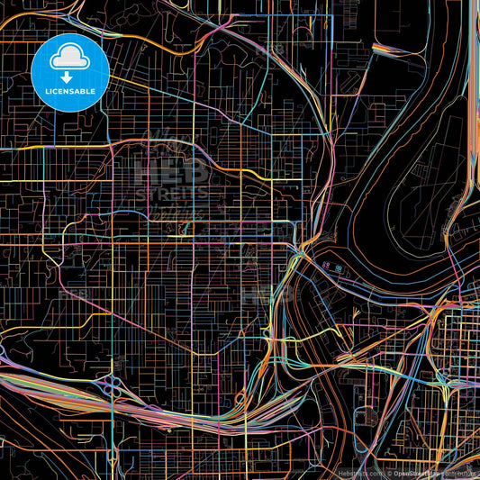 Kansas City, Kansas, United States, colorful city map on black background