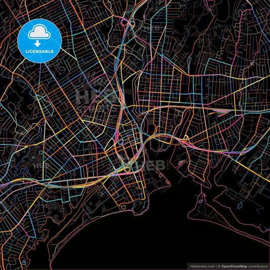 Bridgeport, Connecticut, United States, colorful city map on black background
