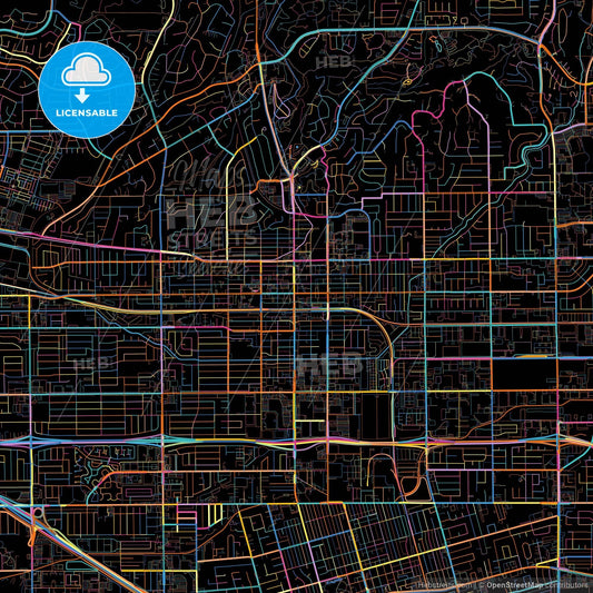 Fullerton, California, United States, colorful city map on black background