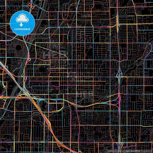 Orange, California, United States, colorful city map on black background