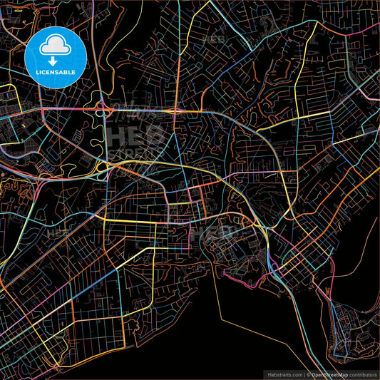 Hampton, Virginia, United States, colorful city map on black background