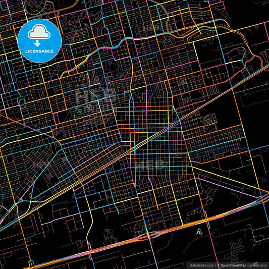 Midland, Texas, United States, colorful city map on black background