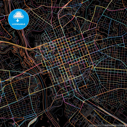 Columbia, South Carolina, United States, colorful city map on black background