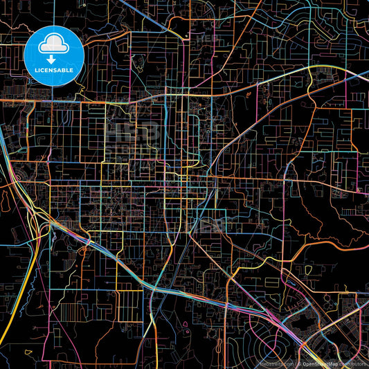 Denton, Texas, United States, colorful city map on black background