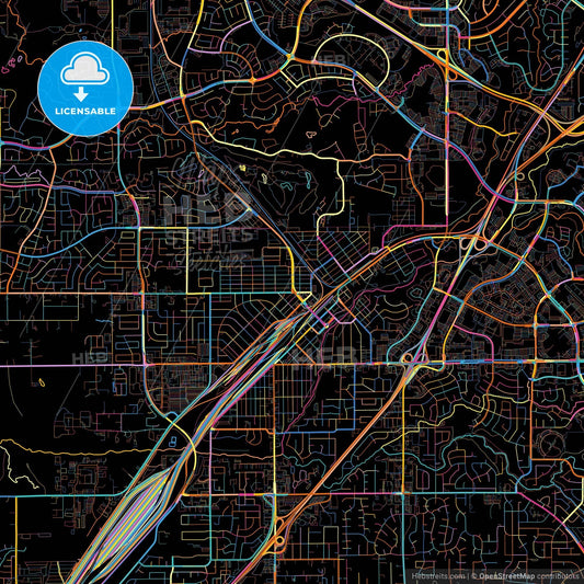 Roseville, California, United States, colorful city map on black background