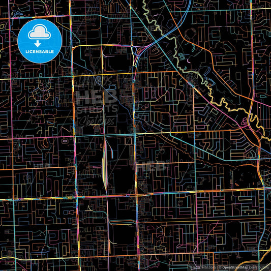 Sterling Heights, Michigan, United States, colorful city map on black background