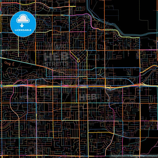 Visalia, California, United States, colorful city map on black background