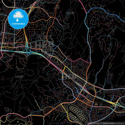 Thousand Oaks, California, United States, colorful city map on black background