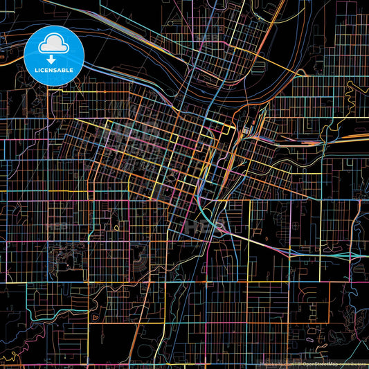 Topeka, Kansas, United States, colorful city map on black background