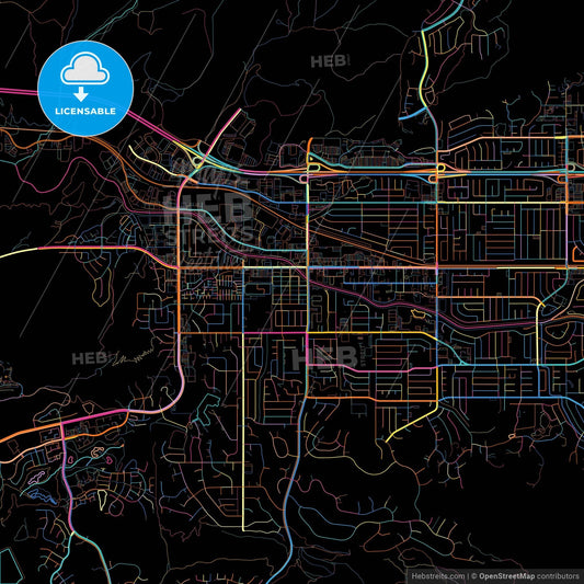 Simi Valley, California, United States, colorful city map on black background