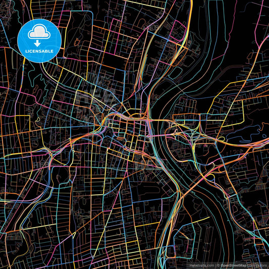 Hartford, Connecticut, United States, colorful city map on black background