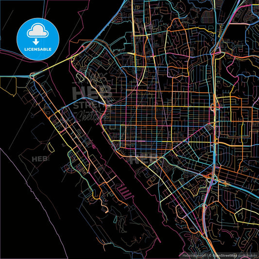 Vallejo, California, United States, colorful city map on black background