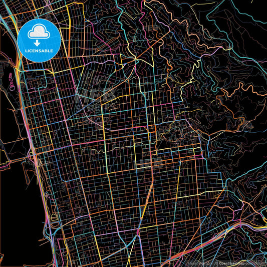 Berkeley, California, United States, colorful city map on black background