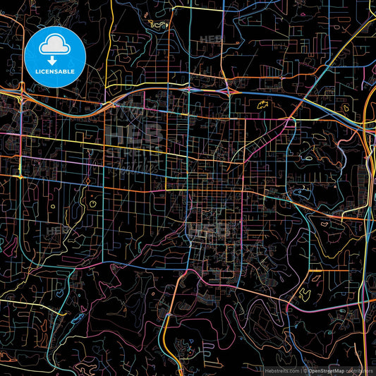 Columbia, Missouri, United States, colorful city map on black background