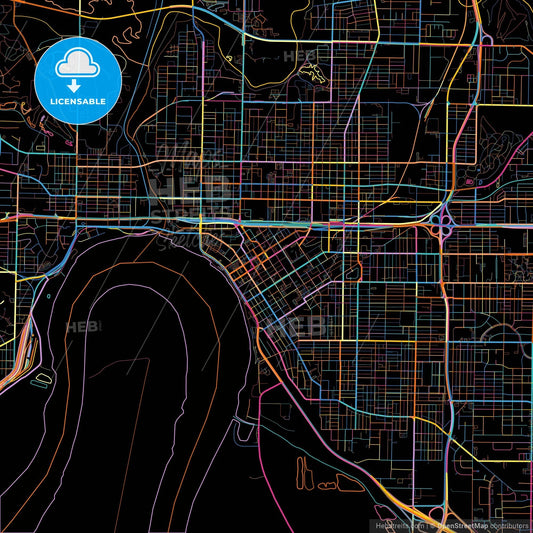 Evansville, Indiana, United States, colorful city map on black background