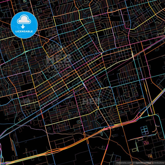 Odessa, Texas, United States, colorful city map on black background
