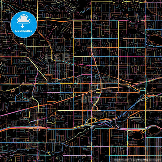 Arvada, Colorado, United States, colorful city map on black background