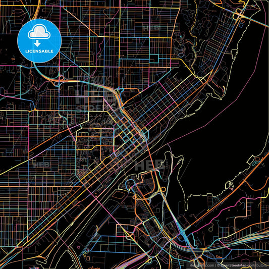 Peoria, Illinois, United States, colorful city map on black background