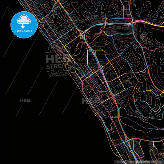 Carlsbad, California, United States, colorful city map on black background