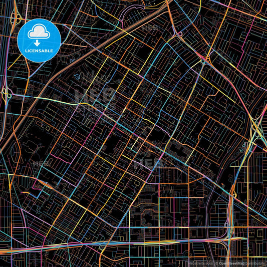 Downey, California, United States, colorful city map on black background