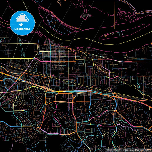 Antioch, California, United States, colorful city map on black background