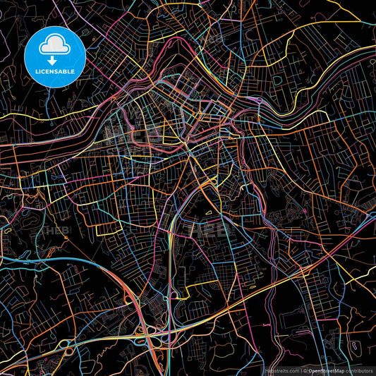 Lowell, Massachusetts, United States, colorful city map on black background