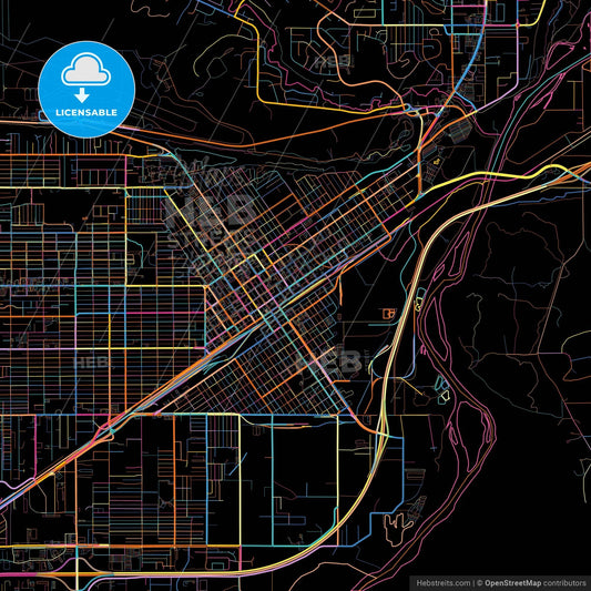 Billings, Montana, United States, colorful city map on black background