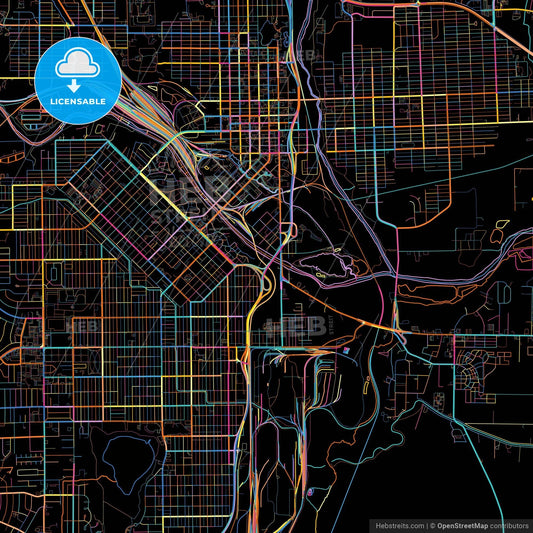 Pueblo, Colorado, United States, colorful city map on black background