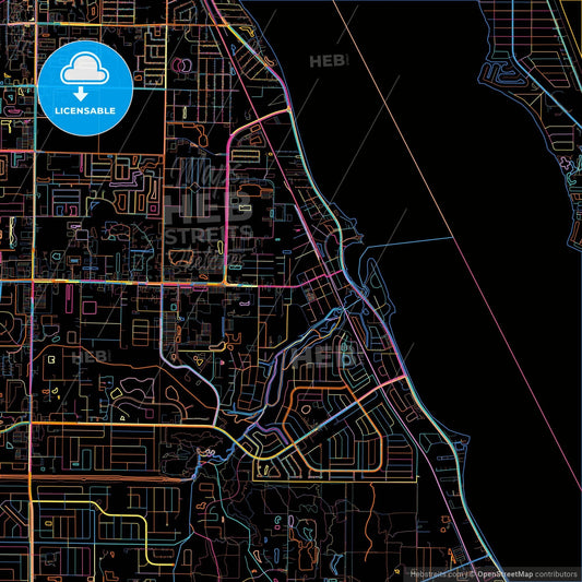 Palm Bay, Florida, United States, colorful city map on black background