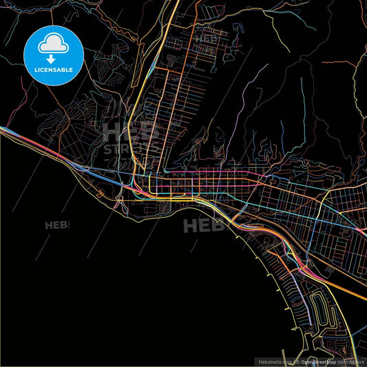 San Buenaventura, California, United States, colorful city map on black background