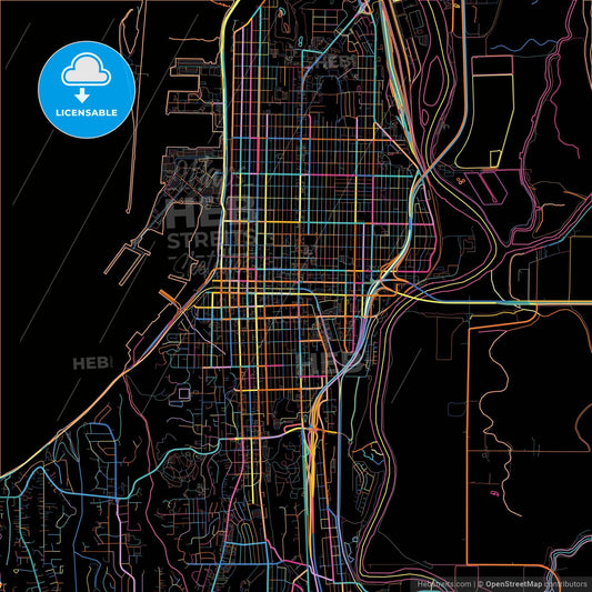 Everett, Washington, United States, colorful city map on black background
