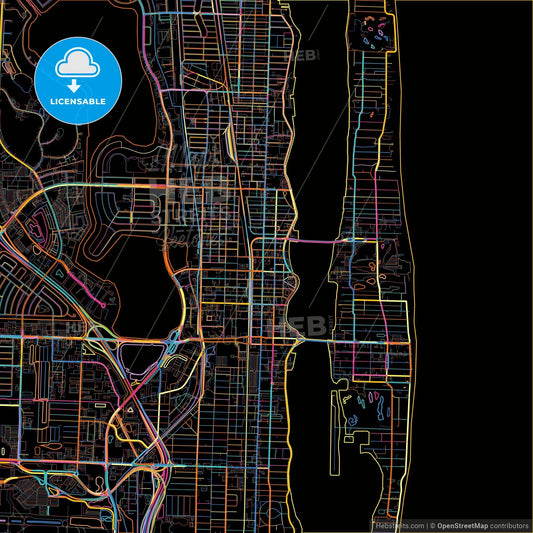 West Palm Beach, Florida, United States, colorful city map on black background